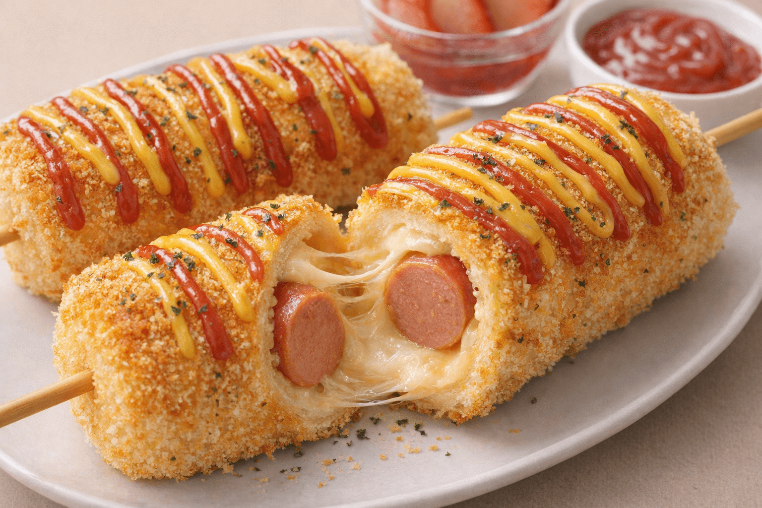 바삭하게 구운 식빵 치즈 핫도그 단면