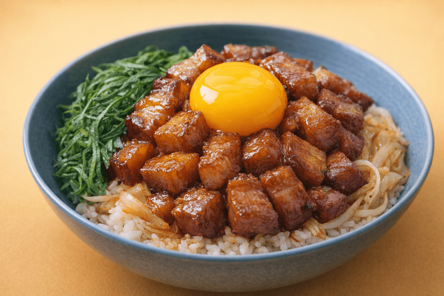 계란 노른자를 올린 단짠 삼겹살 덮밥