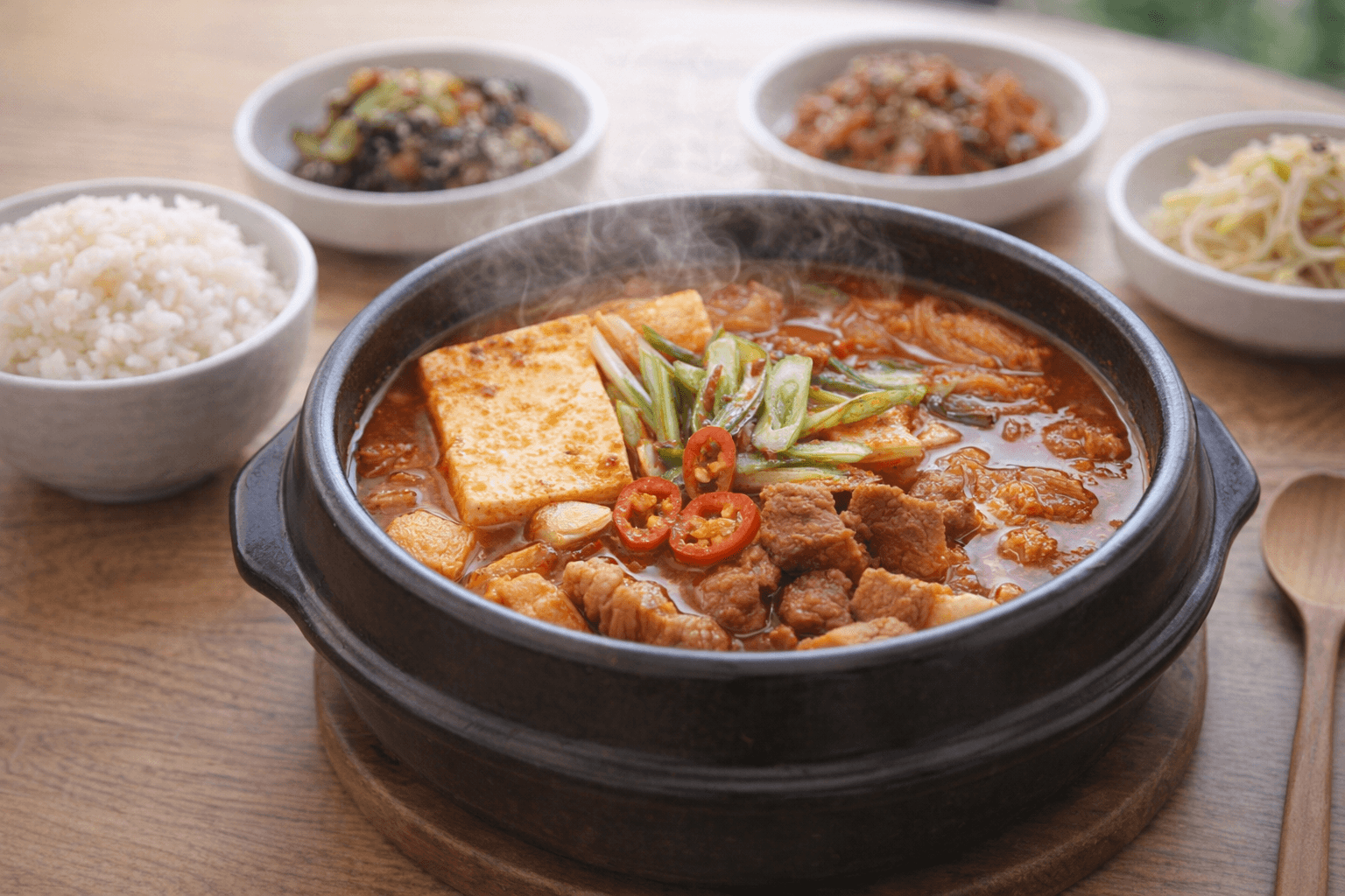 돼지고기 김치찌개 뚝배기 요리