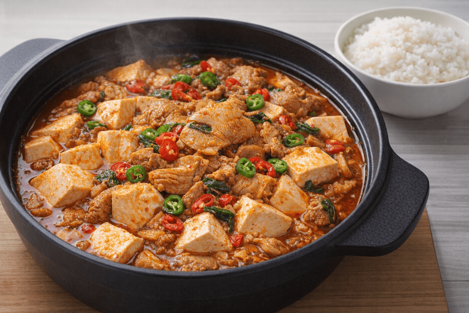 매콤달콤 삼겹살 순두부 짜글이 완성 요리