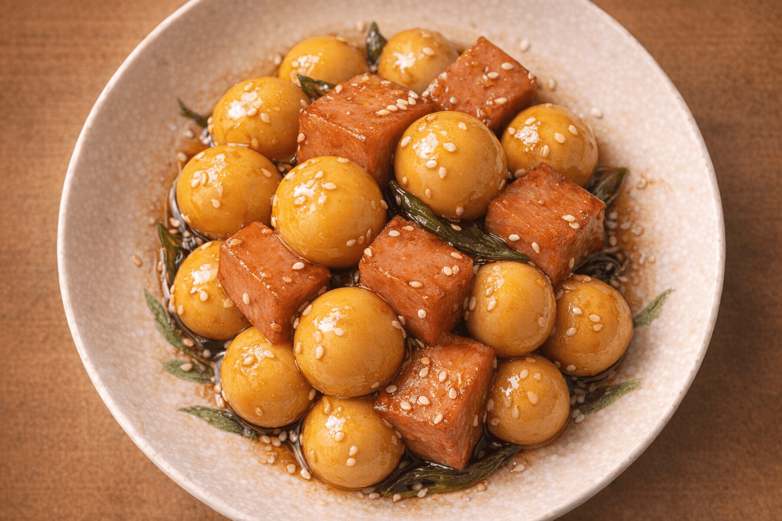 윤기 흐르는 스팸 메추리알 조림