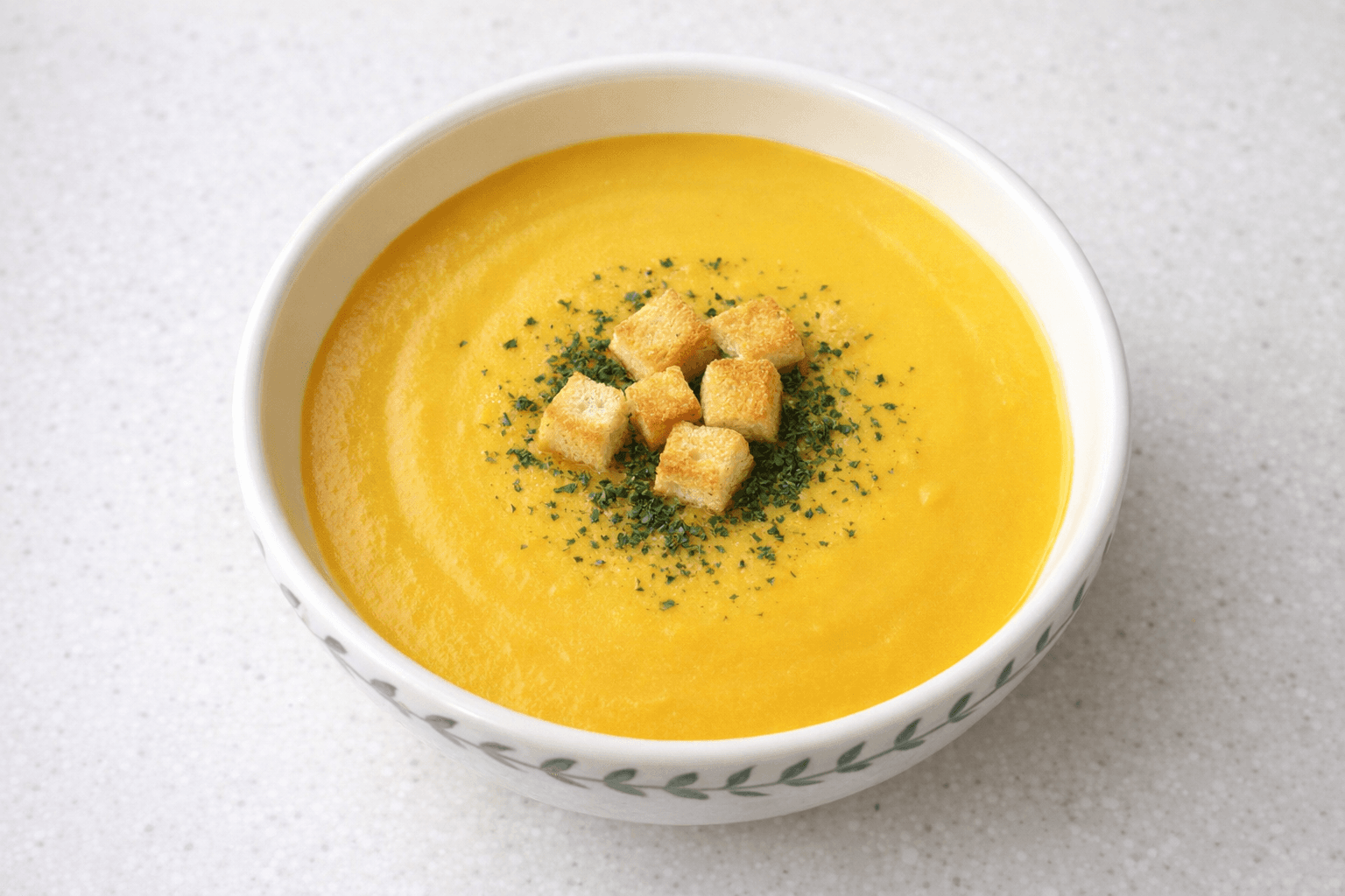 부드러운 노란색 단호박 스프 그릇