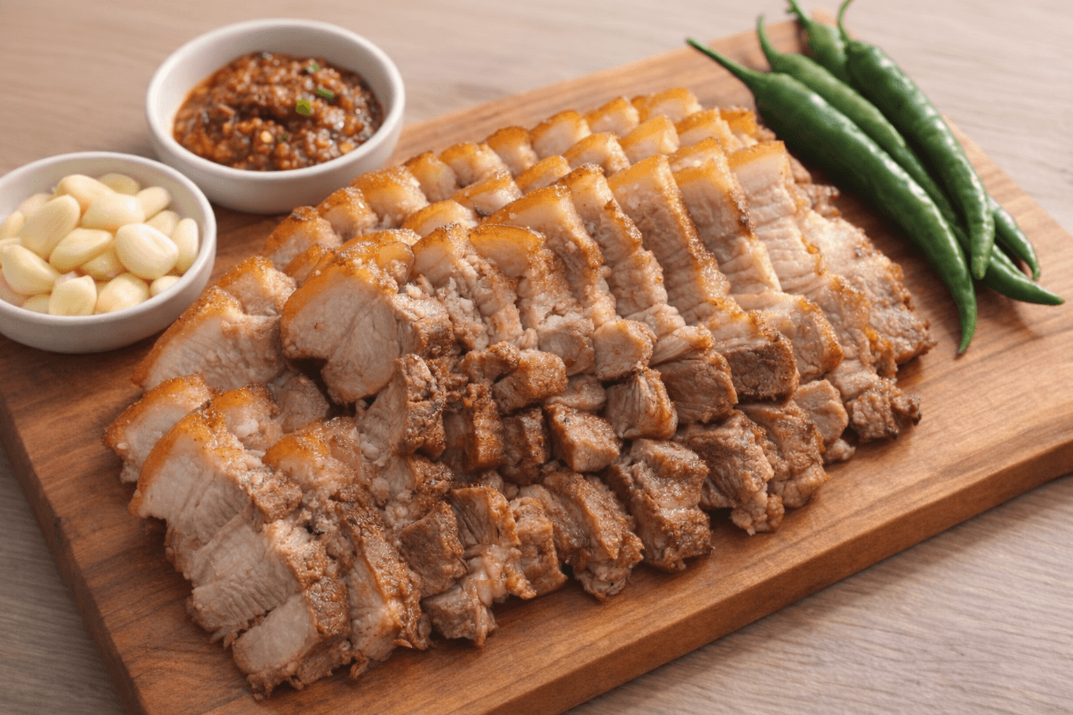 도마 위에 플레이팅된 무수분 오겹살 수육