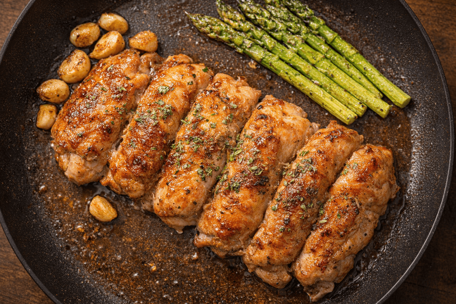 노릇하게 구워진 닭다리살 치킨 스테이크