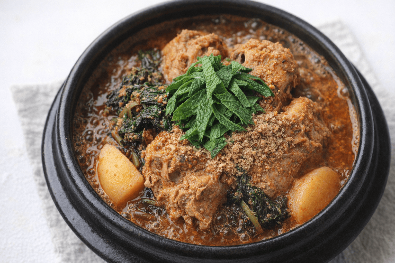 뚝배기에 가득 담긴 얼큰하고 진한 돼지등뼈 감자탕