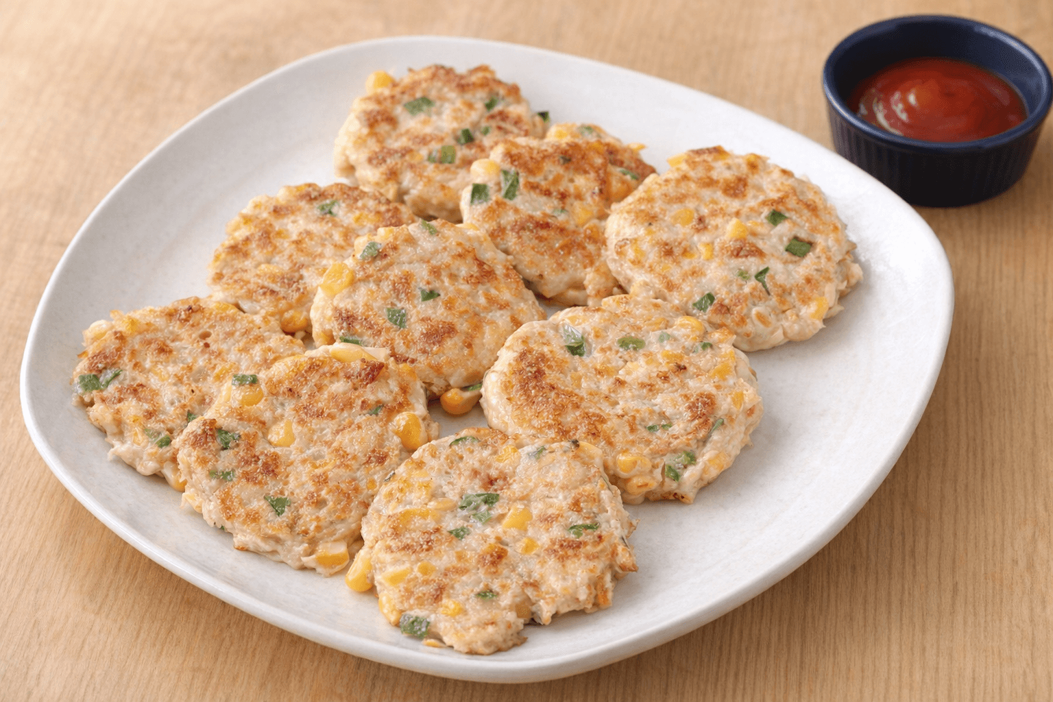 노릇하게 구워진 옥수수 참치전과 케첩