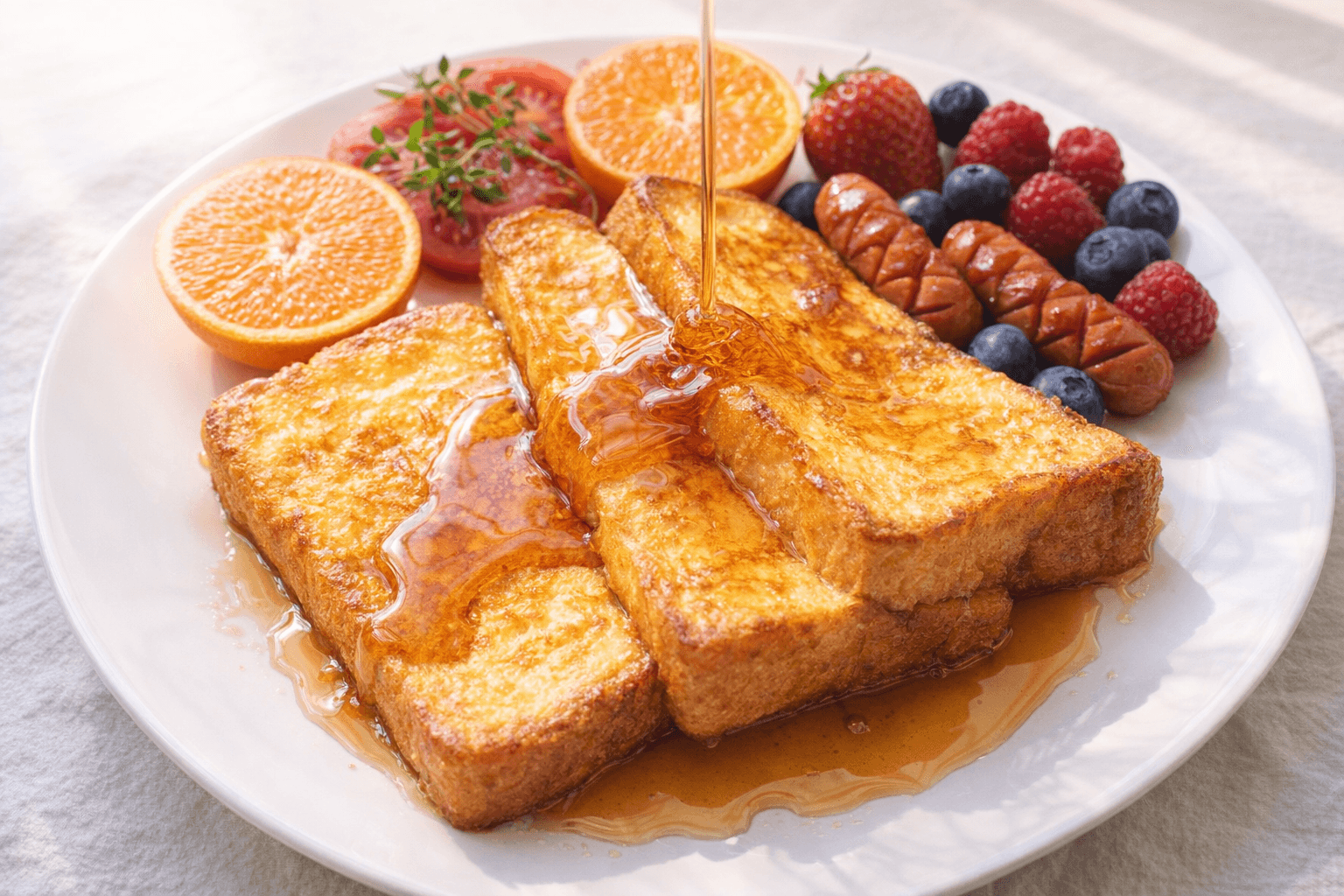 메이플 시럽을 얹은 촉촉한 프렌치토스트와 소시지 브런치