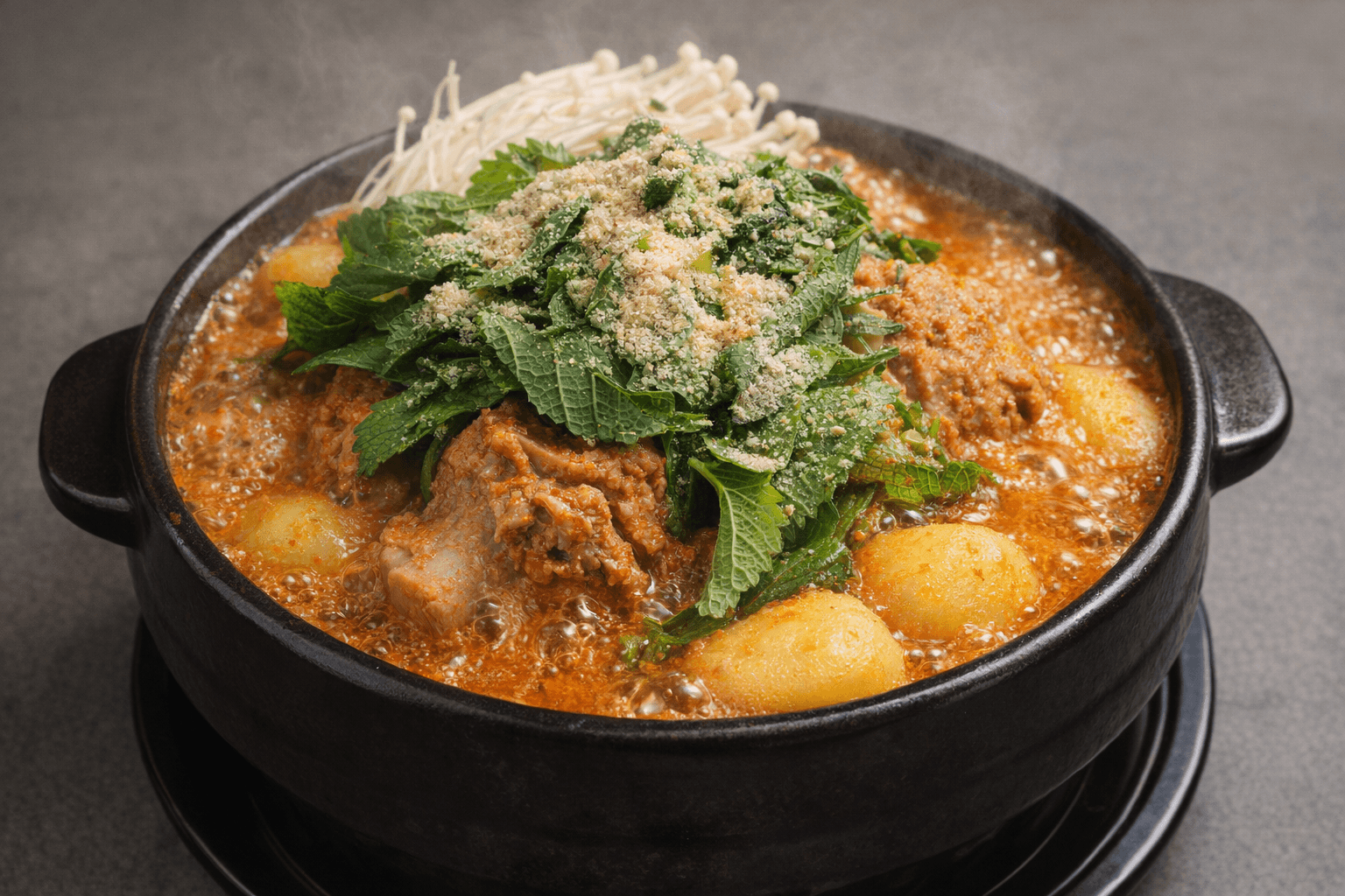 뚝배기에 담긴 얼큰한 감자탕