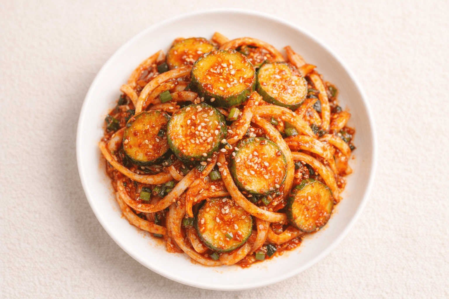 빨간 양념에 버무린 먹음직스러운 즉석 오이무침