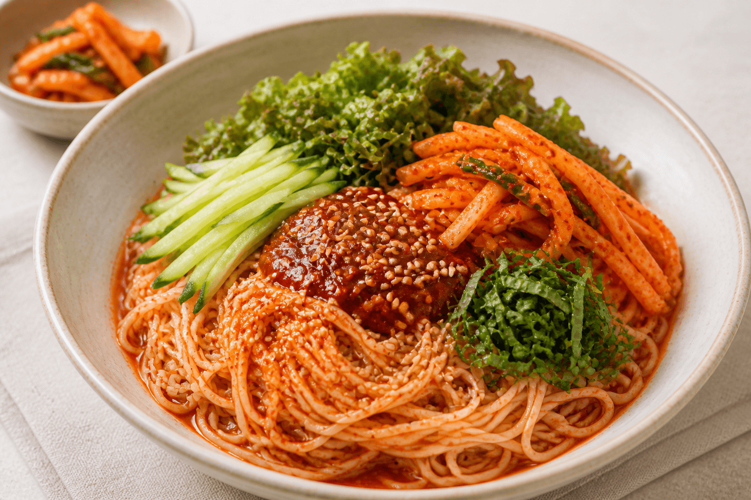 fideos bibim guksu con kimchi de rábano joven: receta casera detallada